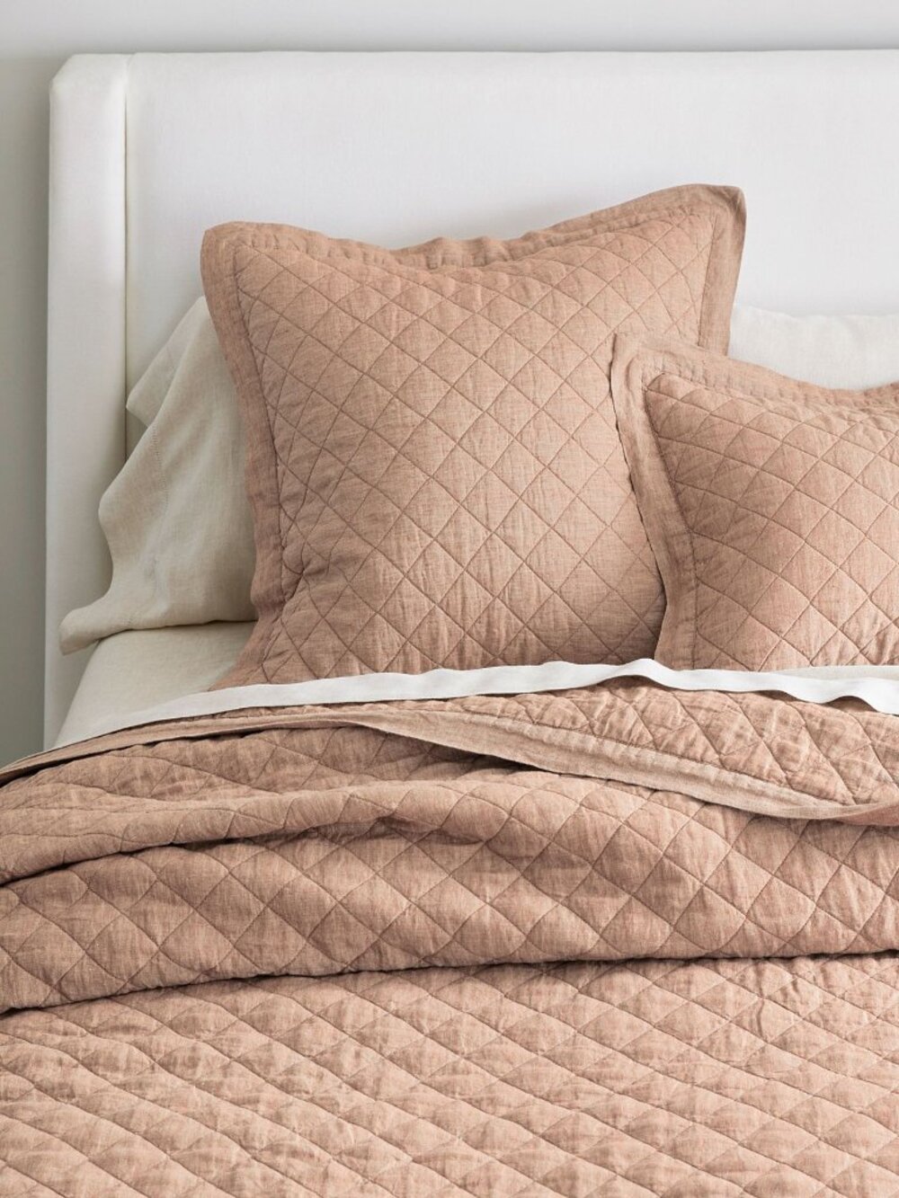 Pottery Barn Full Queen Belgian Flax Linen Diamond Quilt Rosewood Blush Pink NWT